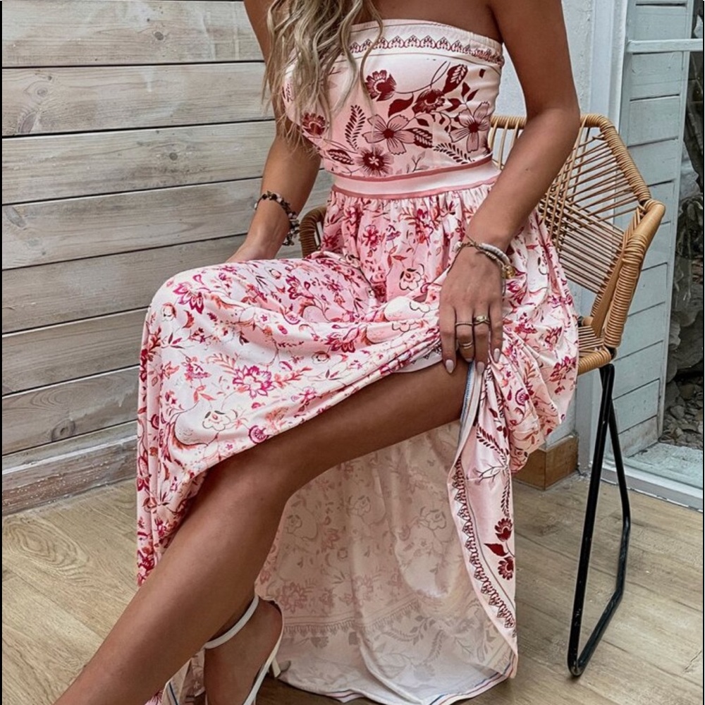 Boho Pink Floral Print Tube Maxi Dress - Picture 6 of 11